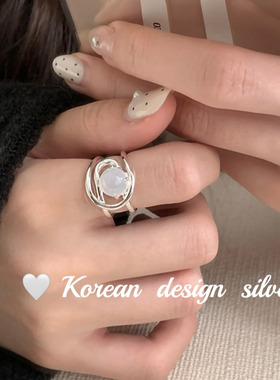 韩版ins简约小众级感指环 S925纯银线条缠绕黑玛瑙白玉髓戒指女