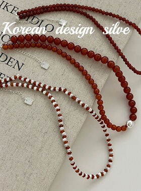 韩国轻奢高级感锁骨链 S925纯银简约红色圆珠项链 圣诞新年百搭款