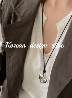 韩国亮银ins风简约小众设计 S925纯银重工爱心蜡绳项链长款毛衣