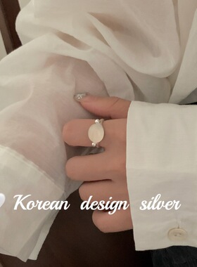韩国东大门ins风亮银饰品批发 S925纯银简约椭圆白玉髓戒指高级感
