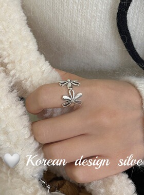 韩国复古做旧泰银指环 S925纯银太阳花戒指女 小众设计开口宽版