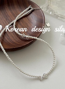 韩国ins风小众精致锁骨链S925纯银 三个镂空蝴蝶结珍珠项链