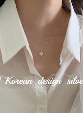 韩国ins风亮银饰品 S925纯银竖条纹镂空四叶草珠珠项链叠戴高级