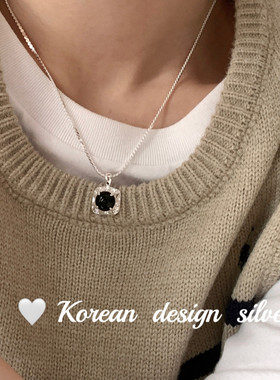 韩国设计亮银饰品 S925纯银熔岩肌理纹黑玛瑙项链高级感叠戴ins风