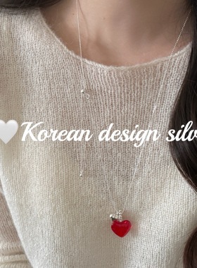 韩版博主同款ins风设计毛衣链 S925纯银简约红色爱心抽拉项链叠戴