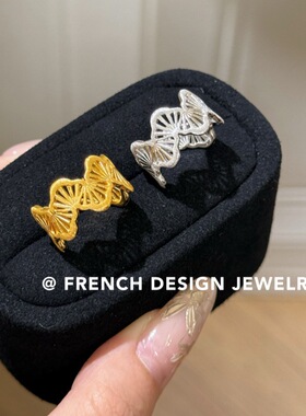 法式布契风拉丝高级感指环S925纯银拉丝双叶戒指小众设计百搭简约