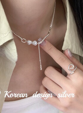 韩国东大门新款饰品 S925纯银简约天然珍珠项链 锁高级ins叠戴女