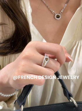 超美复古高级感饰品S925纯银布契风拉丝镶钻虎眼石戒指轻奢优雅款