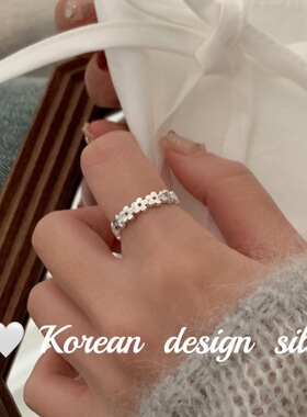 韩国Ins风新款小众银饰品批发 S925纯银镂空花花拼接戒指简约