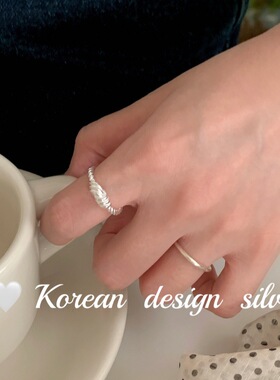 韩版ins风简约设计银饰 S925纯银麻花牛角包打结戒指高级感叠戴女