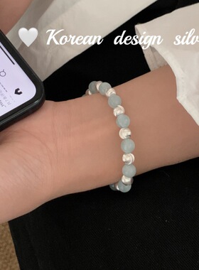 韩国小众设计手工 S925纯银海蓝宝车花珠手链高级感Ins百搭手饰品