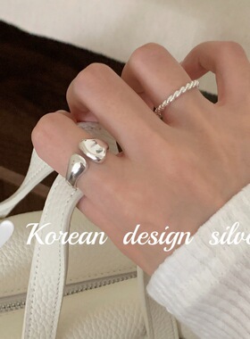 韩国简约亮银饰品 925纯银不规则扁扁肌理感开口戒指高级