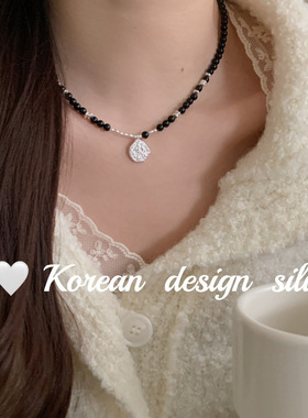 日系韩版手工饰品 s925纯银肌理感圆牌黑玛瑙项链简约叠戴ins