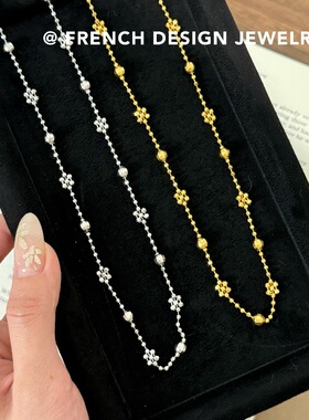 超美法式切面珠小花项链 S925纯银锁骨链 小众优雅礼服配饰品