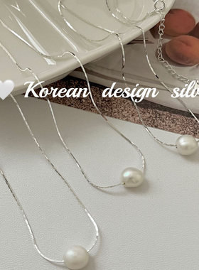 韩国INS风简约设计锁骨链 S925纯银天然珍珠蛇骨项链女叠戴