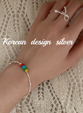 韩国可爱少女心925纯银简约小众滴釉彩色豆豆几何碎银子手链女ins
