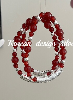 韩版ins博主同款手工银饰 S925纯银一字亮片红玛瑙弹力绳手链显白