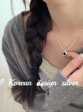 韩国东大门饰品 S925纯银立体爱心黑玛瑙项链 ins风女叠戴