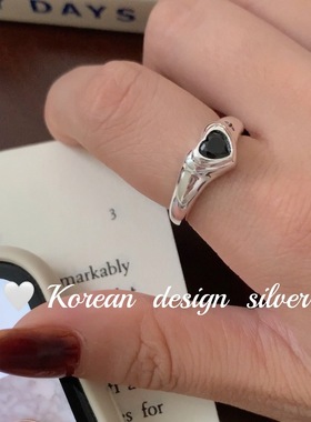 韩版S925纯银简约时尚几何黑钻锆石爱心形戒指 ins风开口指环女