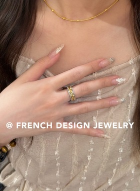 精巧锆石叶子戒指开口可调节S925纯银轻奢法式复古款小众食指