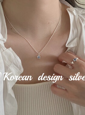 韩国小众银饰品 S925纯银ins风爆闪蓝合成立方氧化锆星星项链叠戴