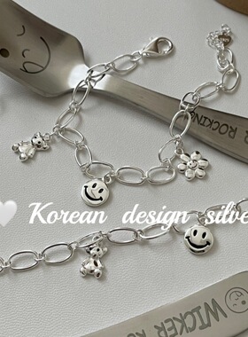 韩国东大门小众创意银饰品 S925纯银 涂鸦笑脸花花小熊手链