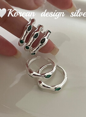 韩国小众设计高级感银饰品 S925纯银不规则绿锆石戒指开口女ins