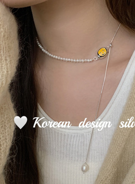 韩版原创手工设计款饰品S925纯银笑脸珍珠流苏项链秋冬百搭毛衣链
