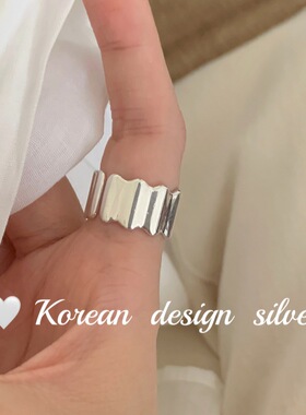 韩国东大门性冷淡风银饰品 S925纯银简约褶皱竖条纹戒指高级感