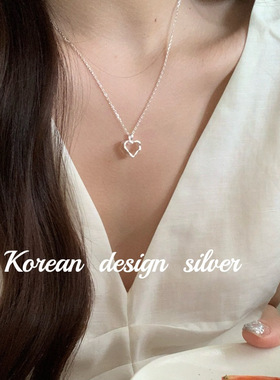 韩国ins风高级感银饰品 S925纯银熔岩镂空爱心英文项链气质小众女