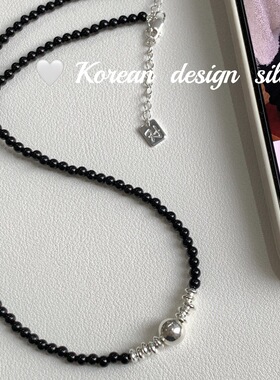 韩国手工设计款 S925纯银简约个性圆珠黑碧玺项链 显锁骨ins风女