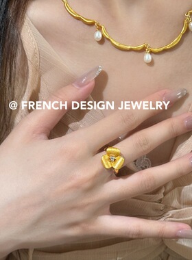 法式拉丝布契风手工拉丝指环S925纯银拉丝玉兰花戒指气质优雅高贵