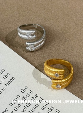 法式高级感布契风拉丝指环S925纯银双层锆石拉丝戒指小众优雅