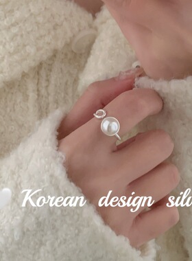 韩国小众设计ins风食指环 S925纯银气质水滴珍珠戒指简约高级