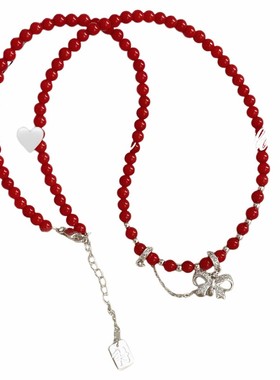 韩国圣诞新年银饰 S925纯银蝴蝶结链条红色珠项链 锁骨叠戴气质女