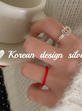 韩国圣诞新年小众银饰 S925纯银简约红色滴釉素圈戒指叠戴高级感