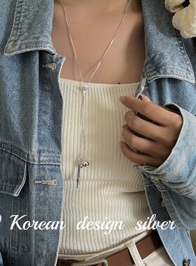 韩国秋冬毛衣链ins风 S925纯银棍子圆球长款项链 抽拉小众设计女