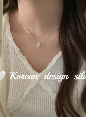 韩国亮银INS简约小众设计锁骨链 S925纯银 小蓝花项链 叠戴高级