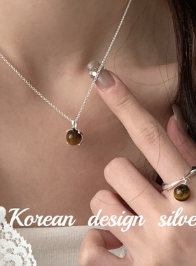 韩国设计简约银饰品 925纯银 弧形半包玛瑙项链 叠戴锁骨链女ins