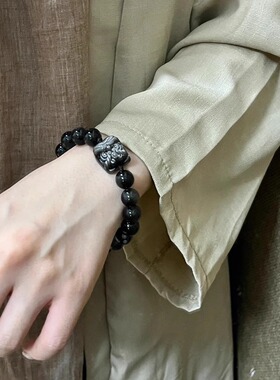 黑曜石醒狮手链男本命年转运珠手工高级感手串女潮新中式配饰饰品