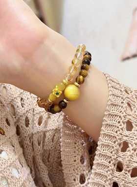 仿天然虎眼石双圈水晶手链圆黄塔晶珠天然虎眼水晶手串爆款饰品