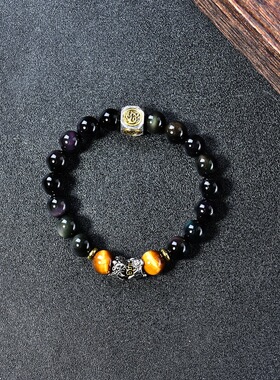 天然黑曜石复古貔貅手链男士手串黄虎眼招财大嘴貔貅手链四神兽