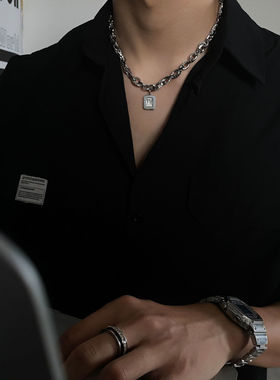 嘻哈方块锆石项链设计感冷淡风男士双层重叠嘻哈项链潮个性锁骨链