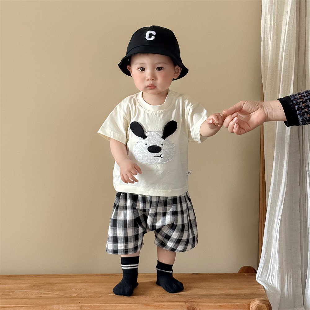 婴儿套装夏季宝宝衣服夏装可爱超萌卡通上衣格子短裤两件套周岁服 - 图1