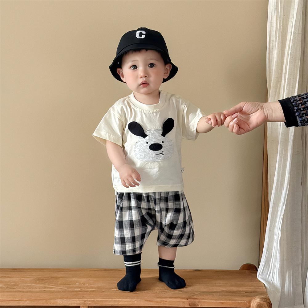 婴儿套装夏季宝宝衣服夏装可爱超萌卡通上衣格子短裤两件套周岁服 - 图2