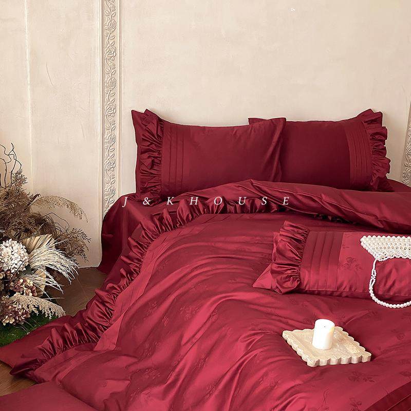 Girlish | 法式婚庆全棉贡缎四件套纯棉提花被套红色结婚床上用品,淘宝优惠券,粉丝福利购,淘宝优惠卷