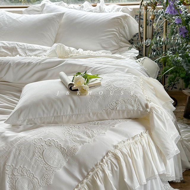 Four-piece cotton bed skirt with tribute satin