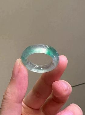 缅甸纯天然高冰种飘蓝花玉石戒指正品老坑玉石指环素圈尾戒男女款