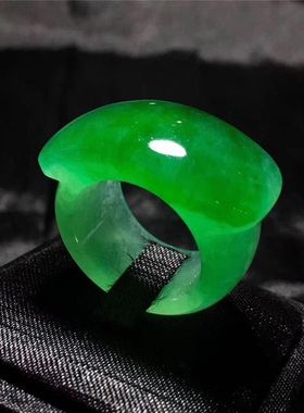 天然翡翠马鞍戒面戒指冰种满绿石英岩缅甸翡翠指环男女款