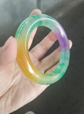紫绿黄色玉石胖圆条手镯春三彩玉石女款饰品礼物精品冰透玉显贵气